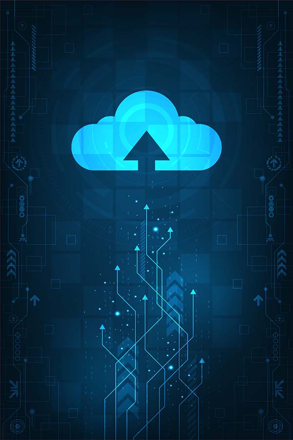 Illustration of a cloud with an upload arrow. and data particles going upward